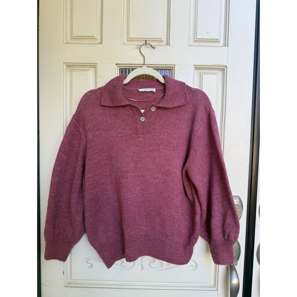 Mango MNG Women Mauve Pink Knit Polo Sweater Collared Button Up Size Medium